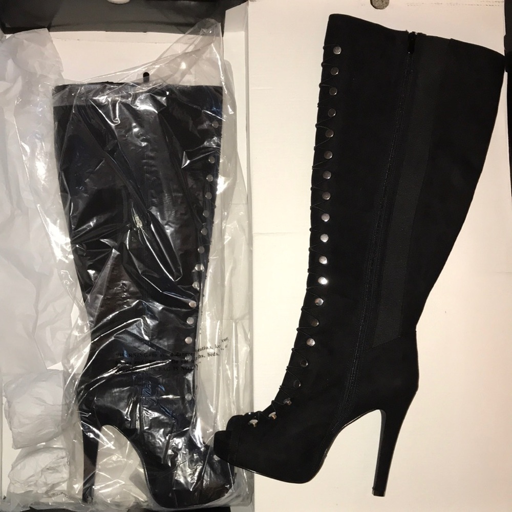 Peep toe black suede lace up boots Never worn.